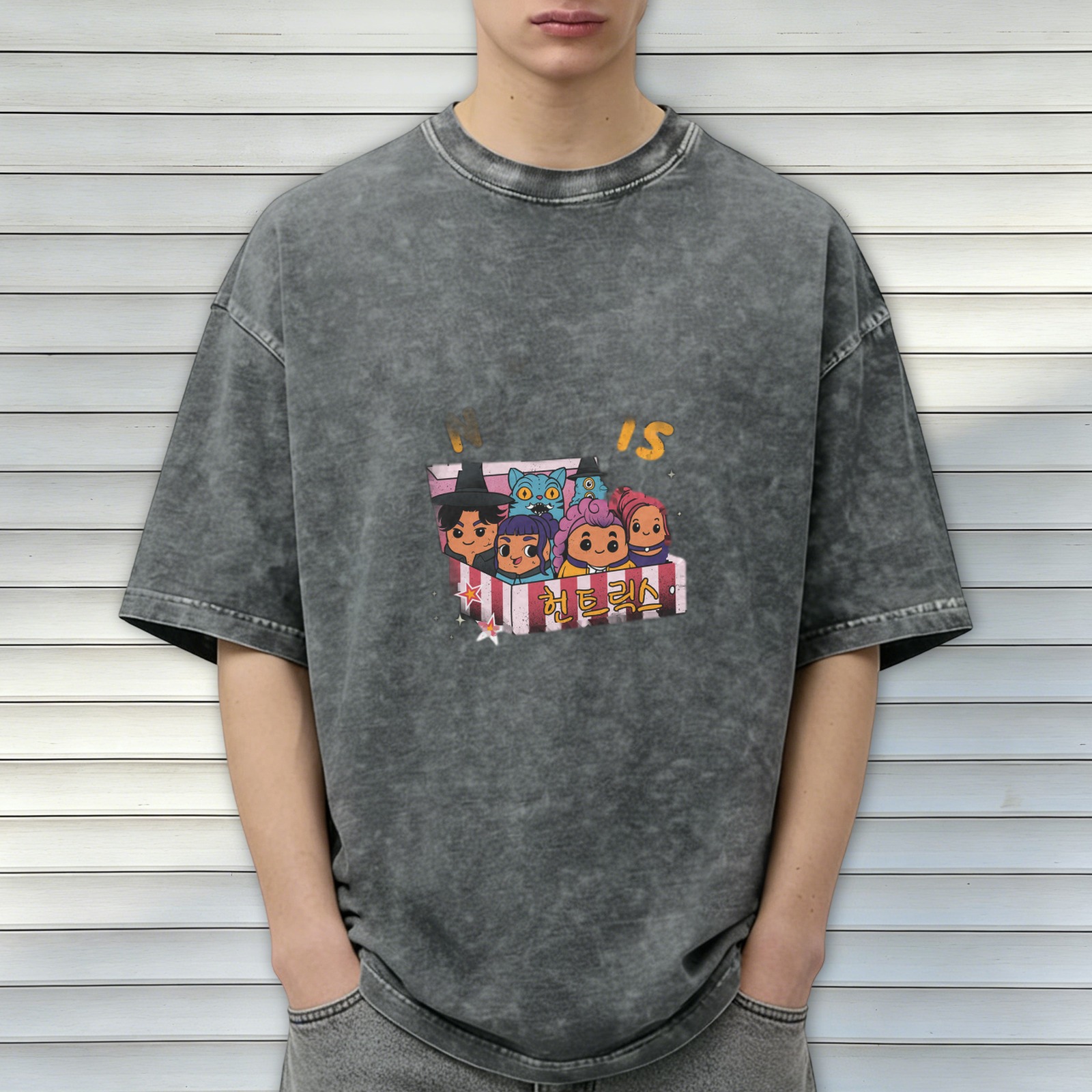 Oversized Black Acid Wash T-Shirt With Cute Cartoon Character Graphic