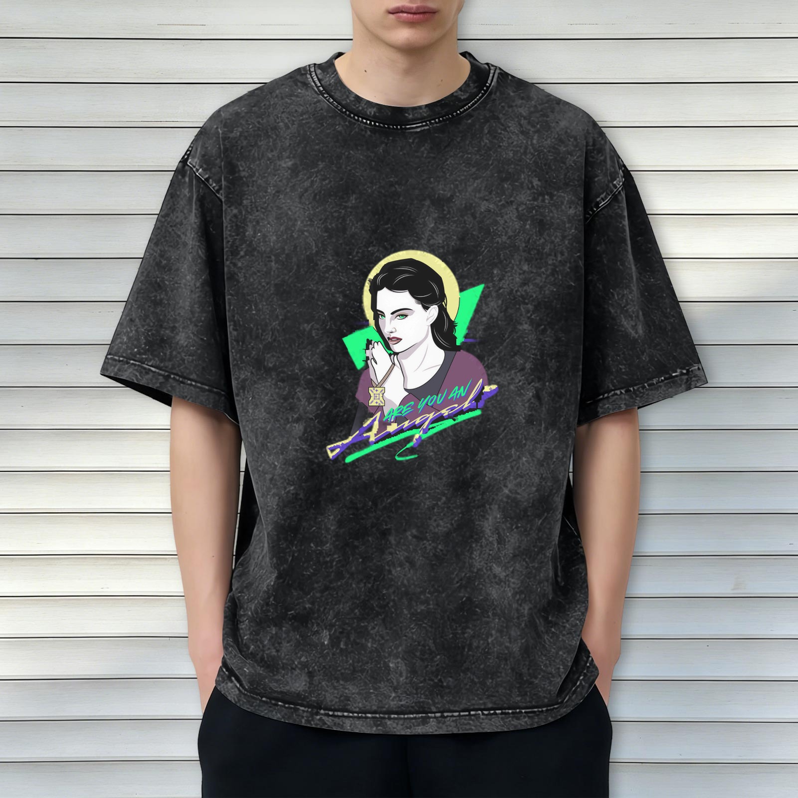 Oversized Dark Wash T-Shirt with Retro Angel Graphic Print