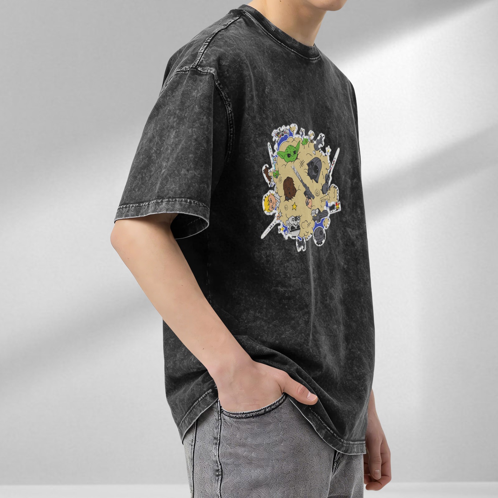 Washed Black T-Shirt With Cute Star Wars Character Collage Print
