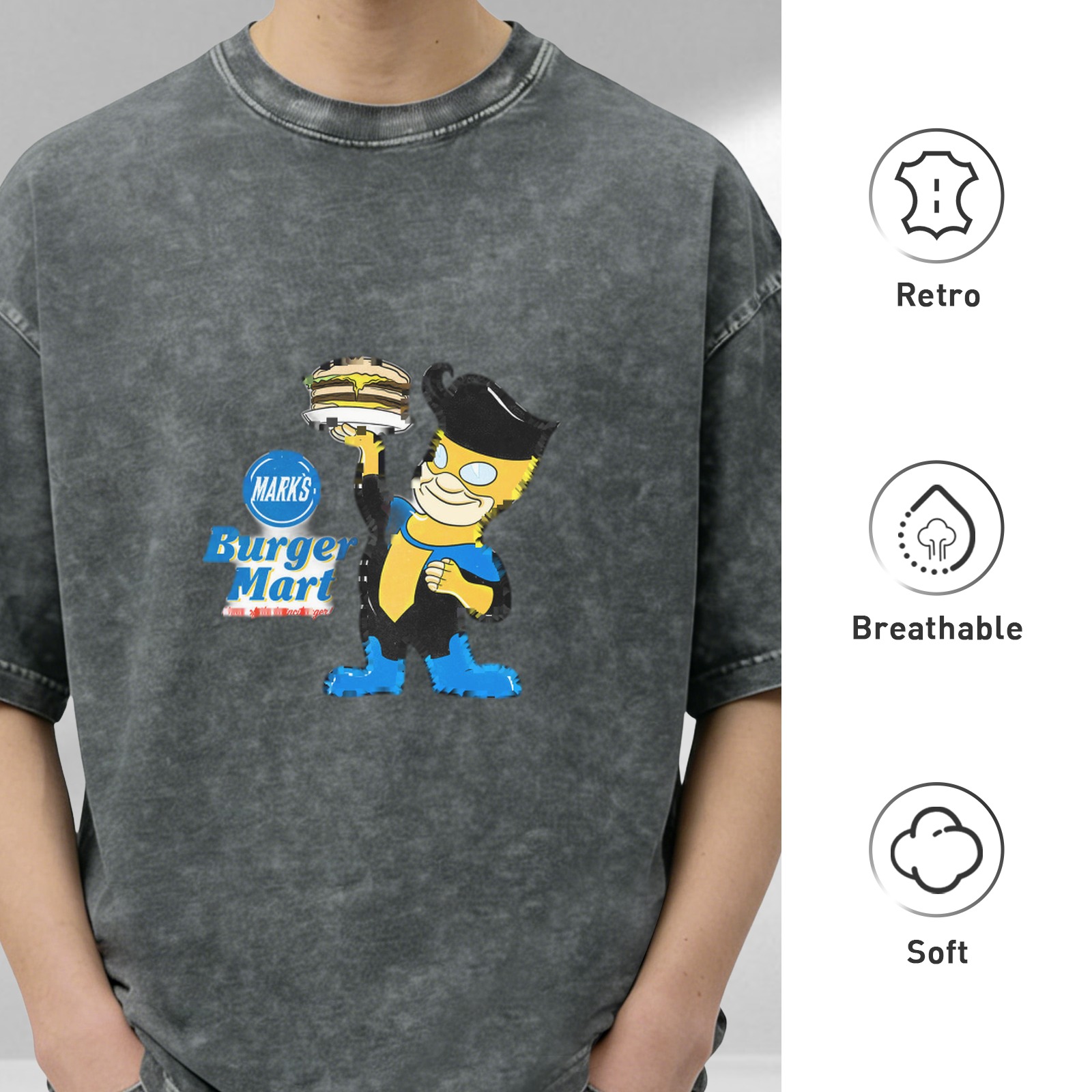 Oversized Acid Wash T-Shirt with Burger Mart Bart Simpson Print