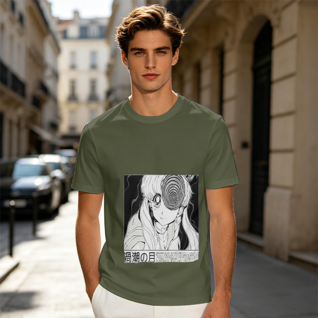 Olive anime graphic t-shirt with spiral eye design