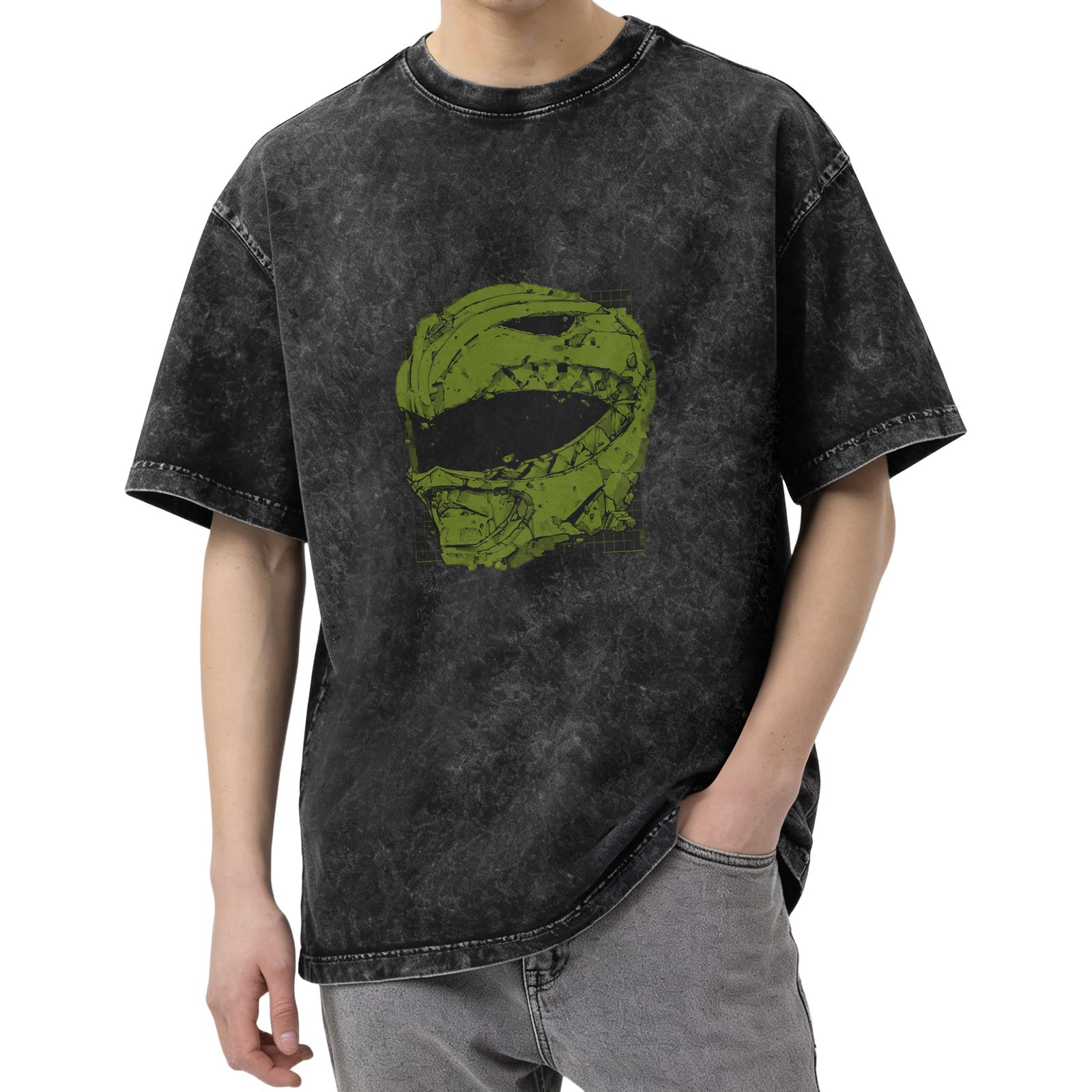 Washed black oversized t-shirt with green damaged helmet graphic