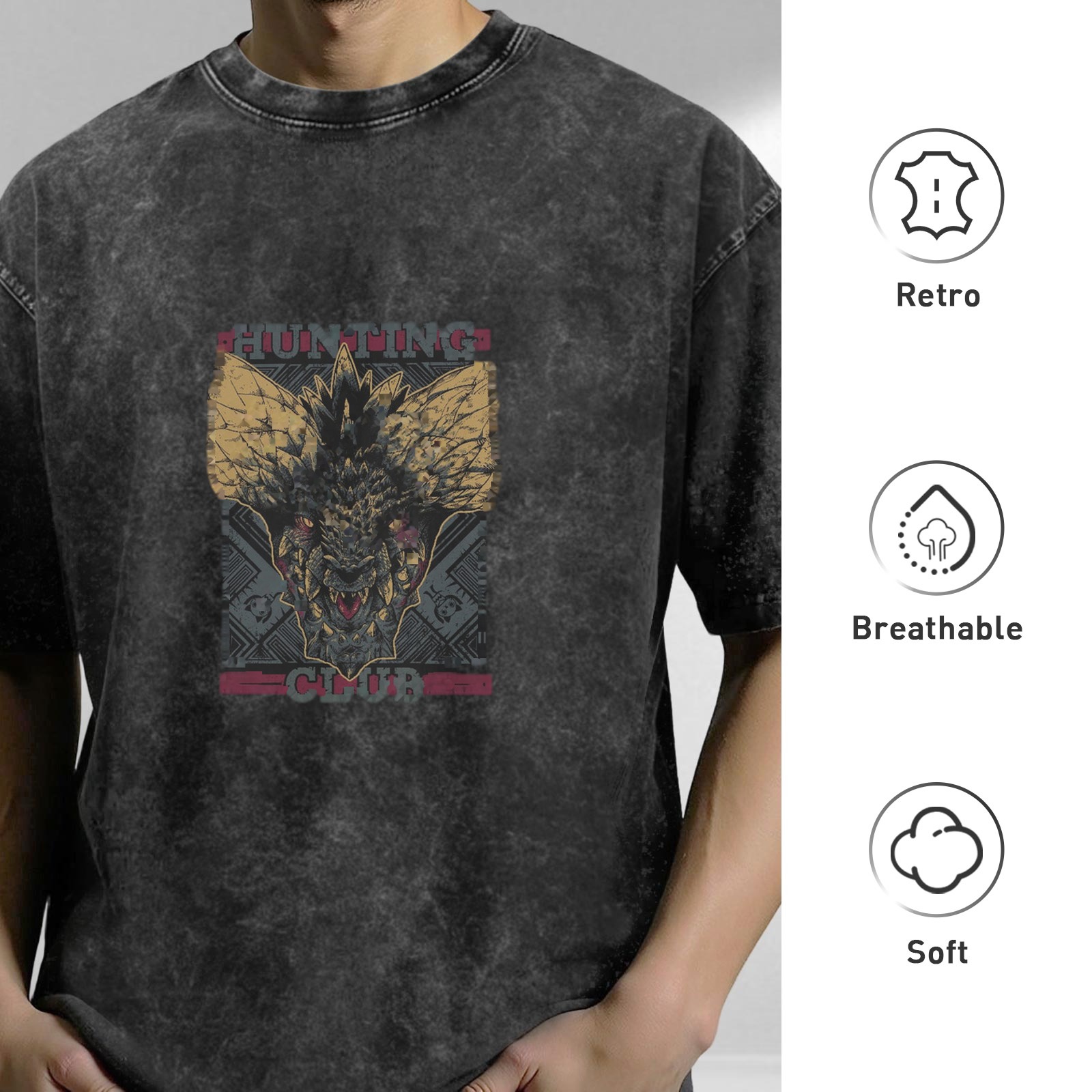 Oversized Stonewashed T-Shirt With Monster Hunting Club Graphic Print
