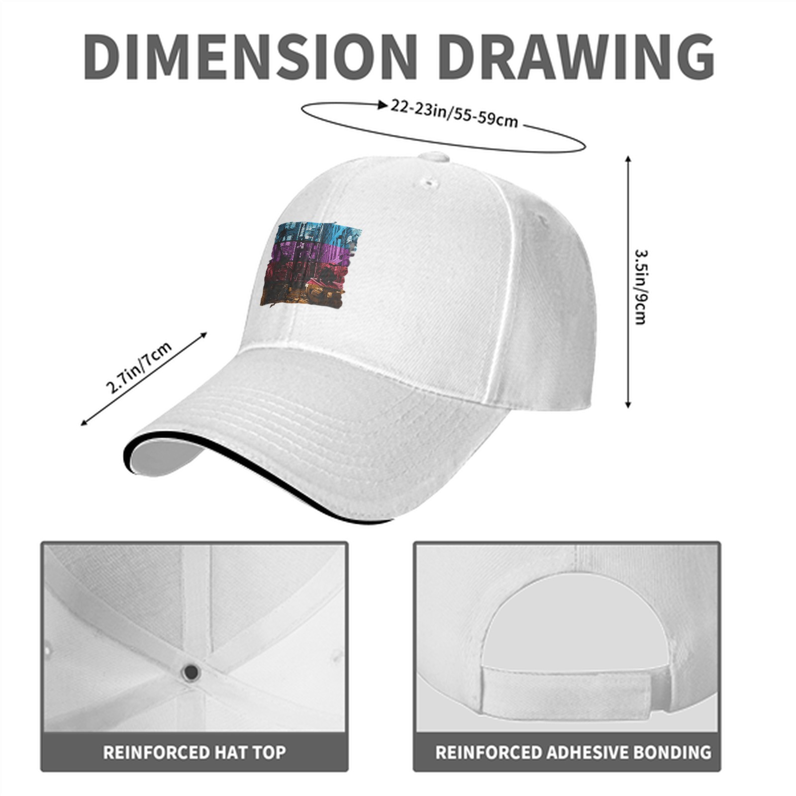 Black Baseball Cap with Neon Cyberpunk Cityscape Graphic