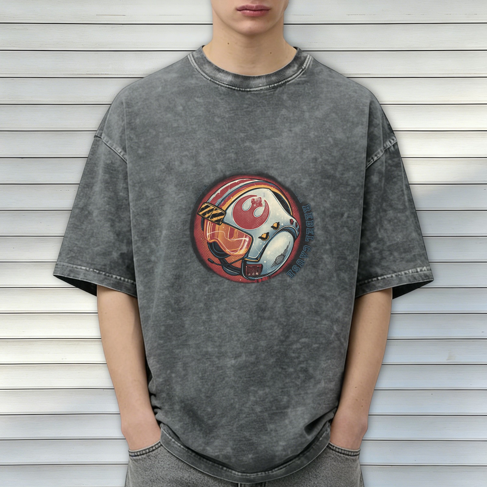 Washed Black T-Shirt With Rebel Pilot Helmet Graphic