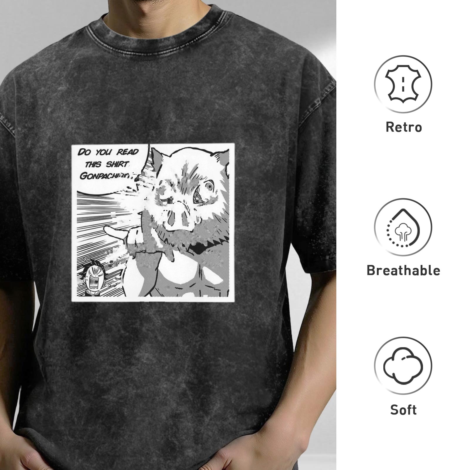 oversized acid wash manga panel t-shirt with do you read this shirt gonpachiro print