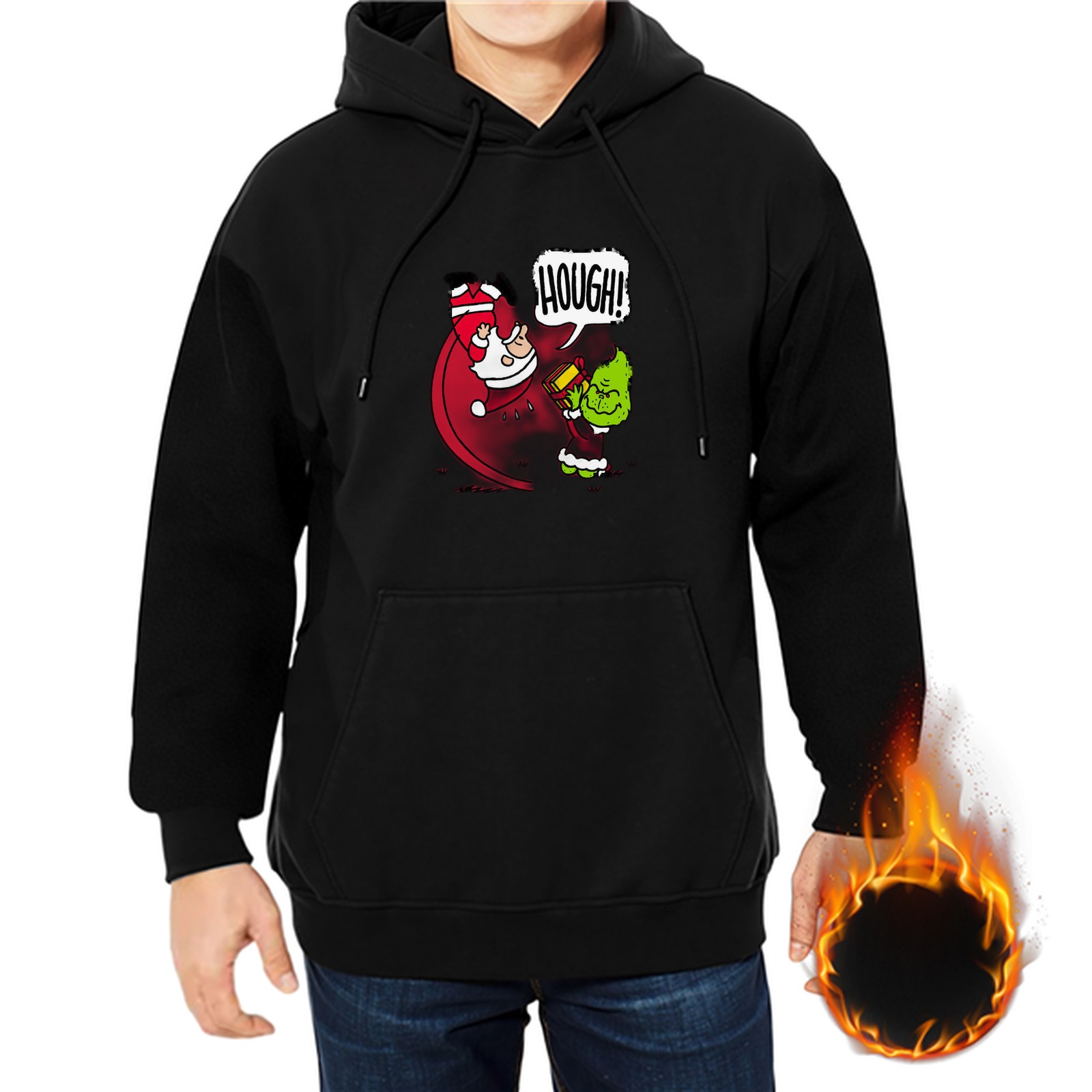 Black hoodie with Grinch and Santa graphic saying HUGH