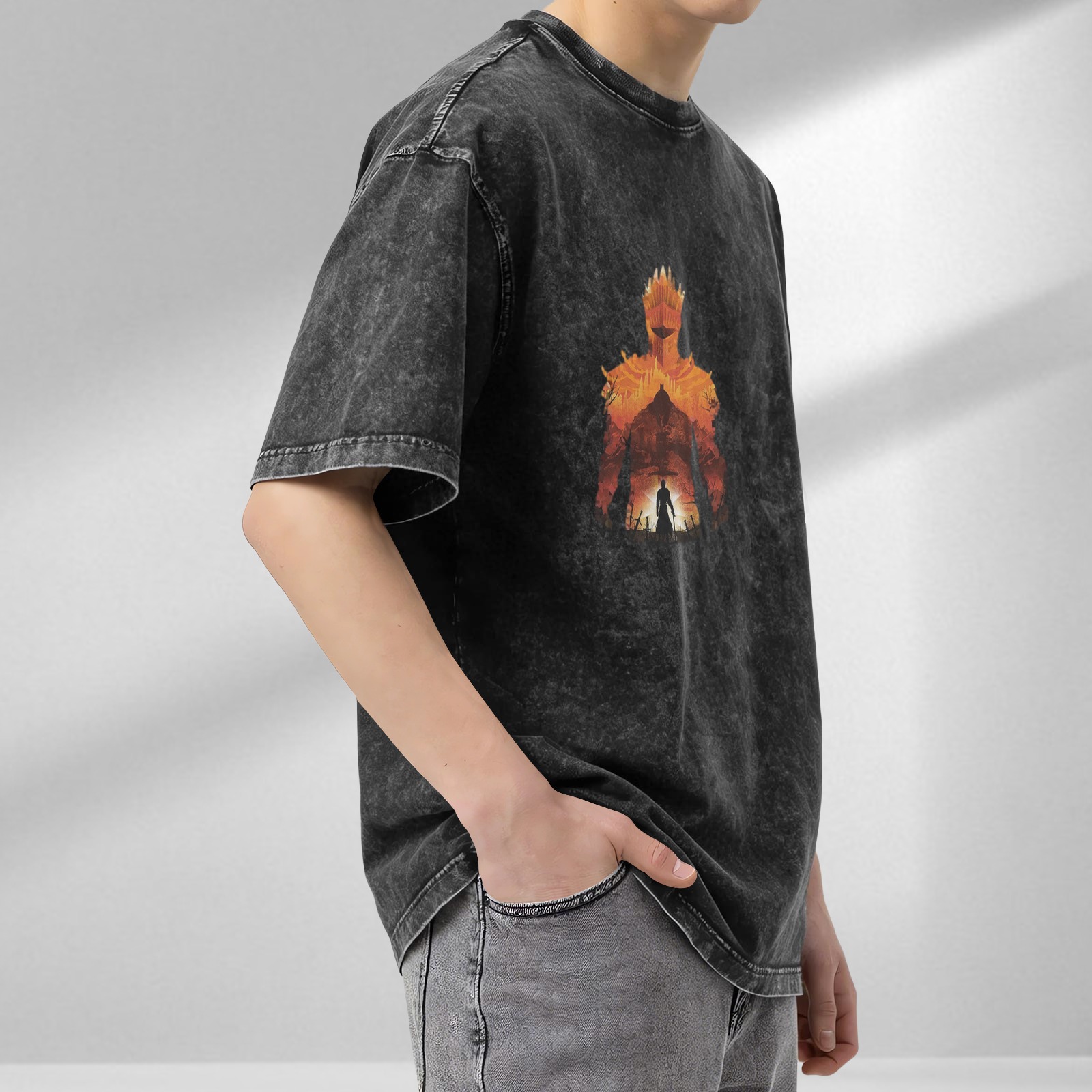 Distressed black short-sleeved T-shirt, game-themed print, loose style
