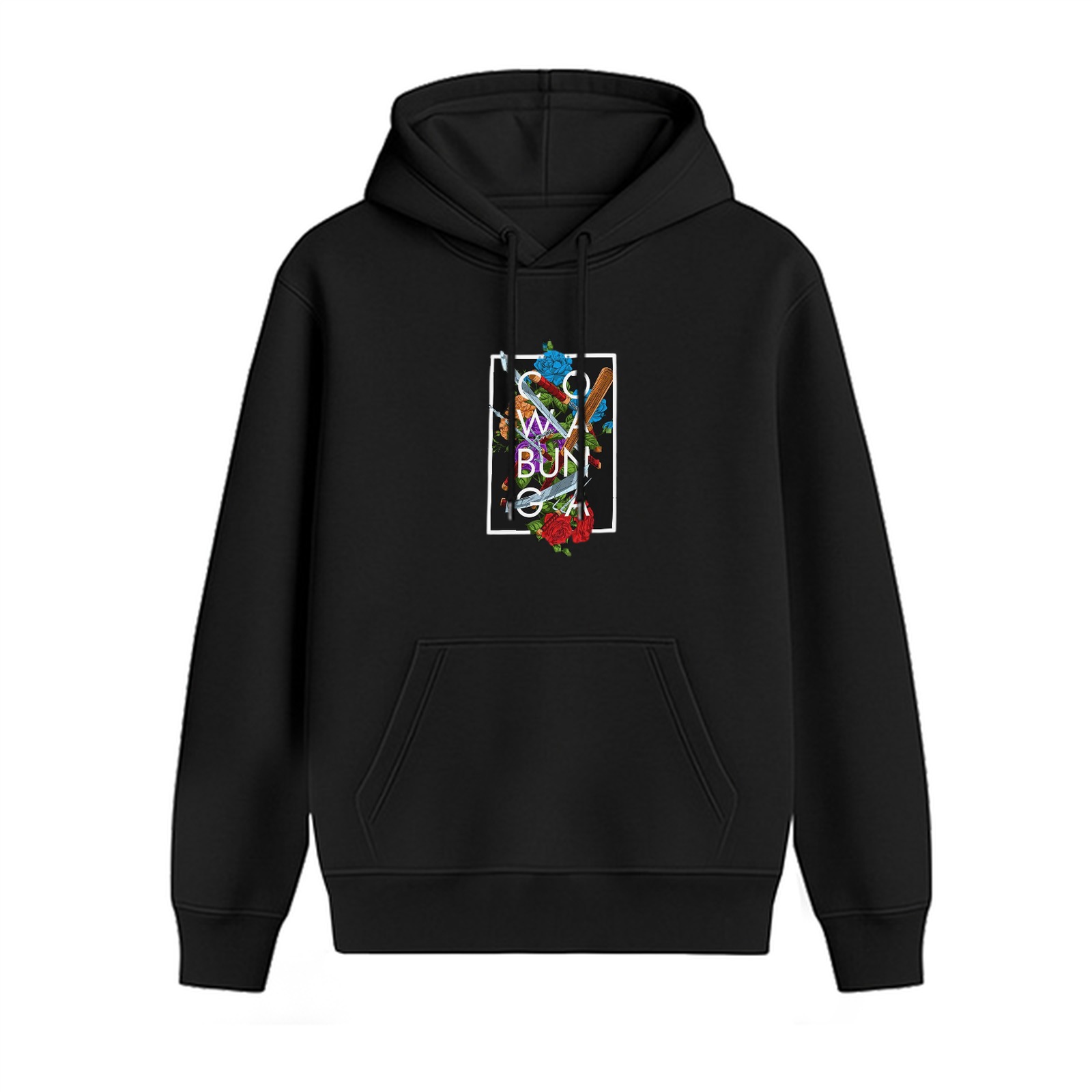Black Hoodie With Floral and Weapon Graphic Print