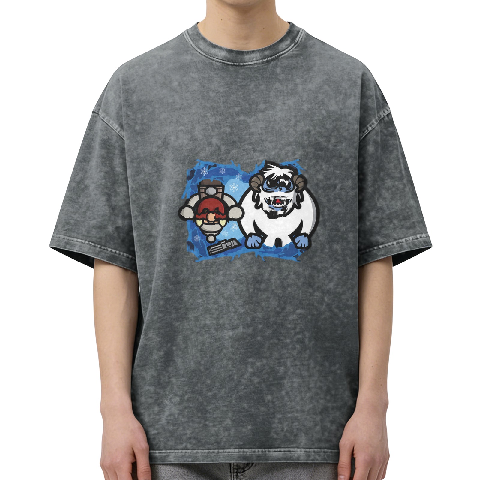 Washed Black T-Shirt with Cartoon Yeti and Winter Character Graphic