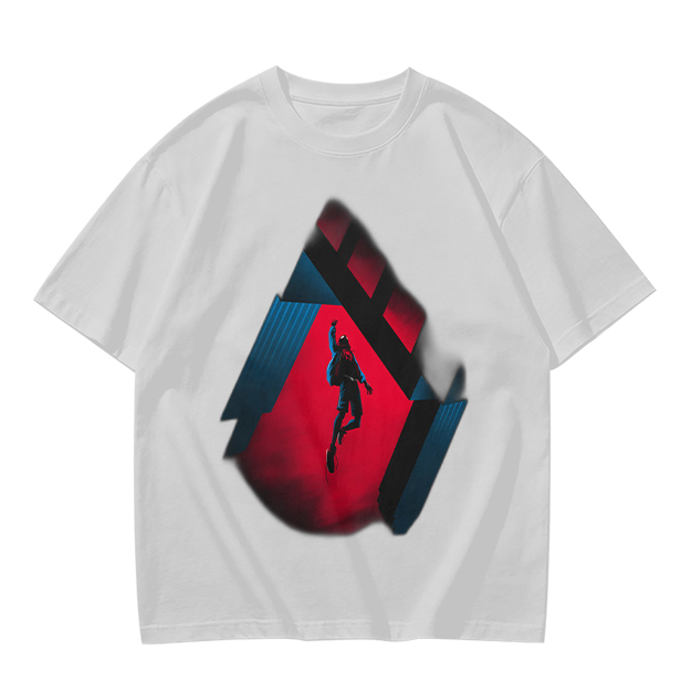 Olive T-shirt with Spider-Man mid-swing over city buildings