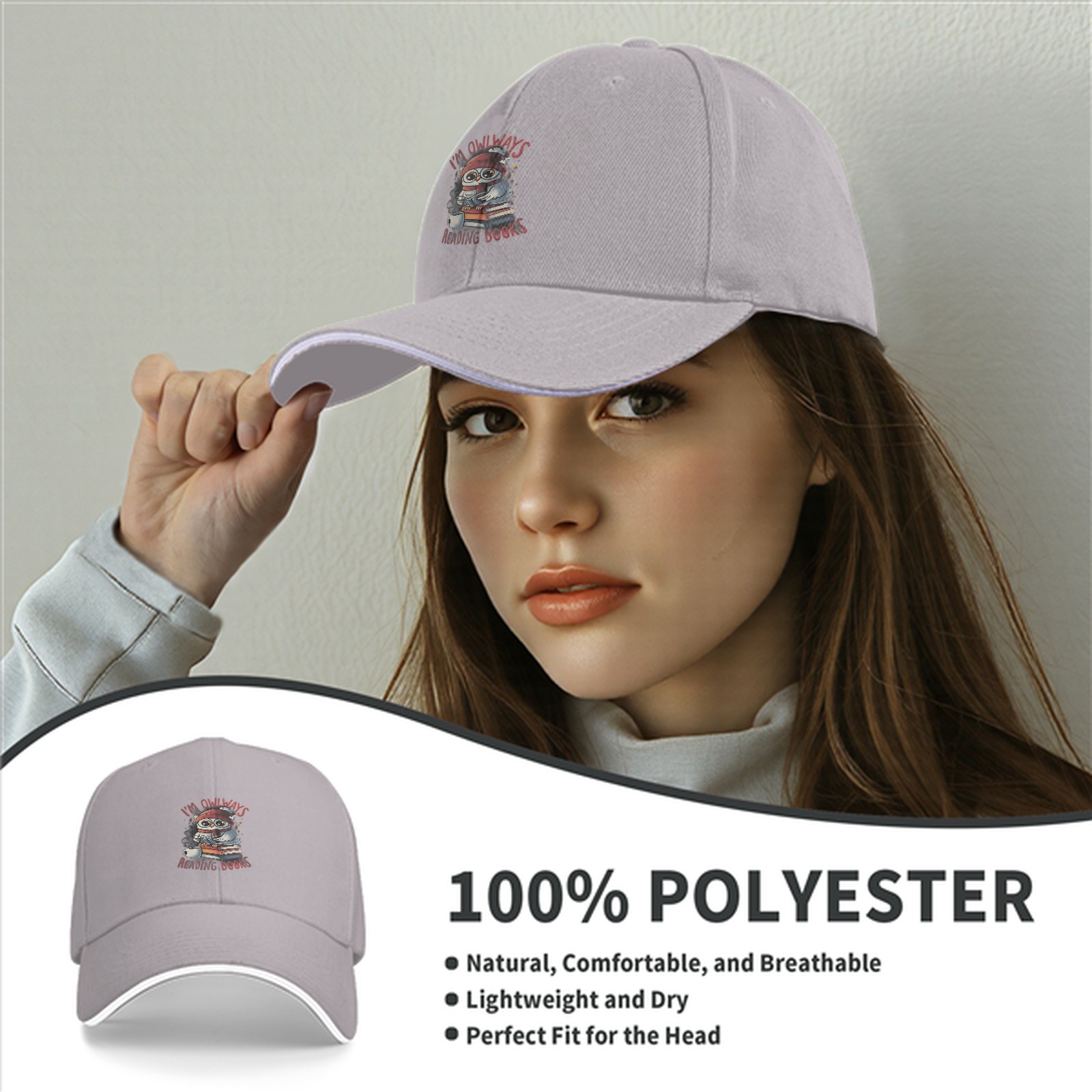 Black baseball cap with owl reading books pun graphic