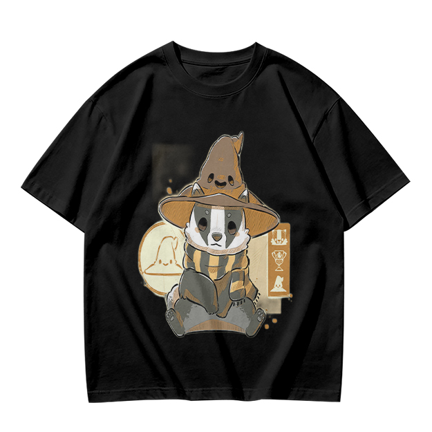 Olive T-Shirt With Cute Wizard Badger Graphic Print