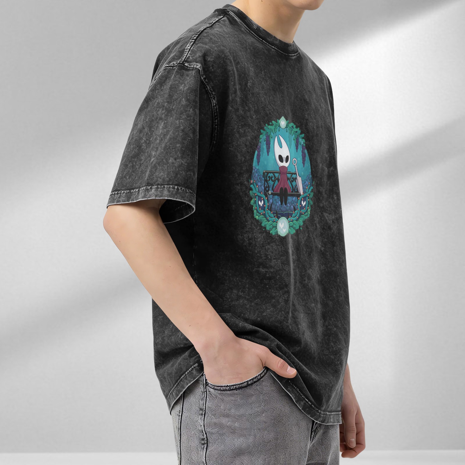 Hollow Knight Themed Dark Wash Graphic T-Shirt