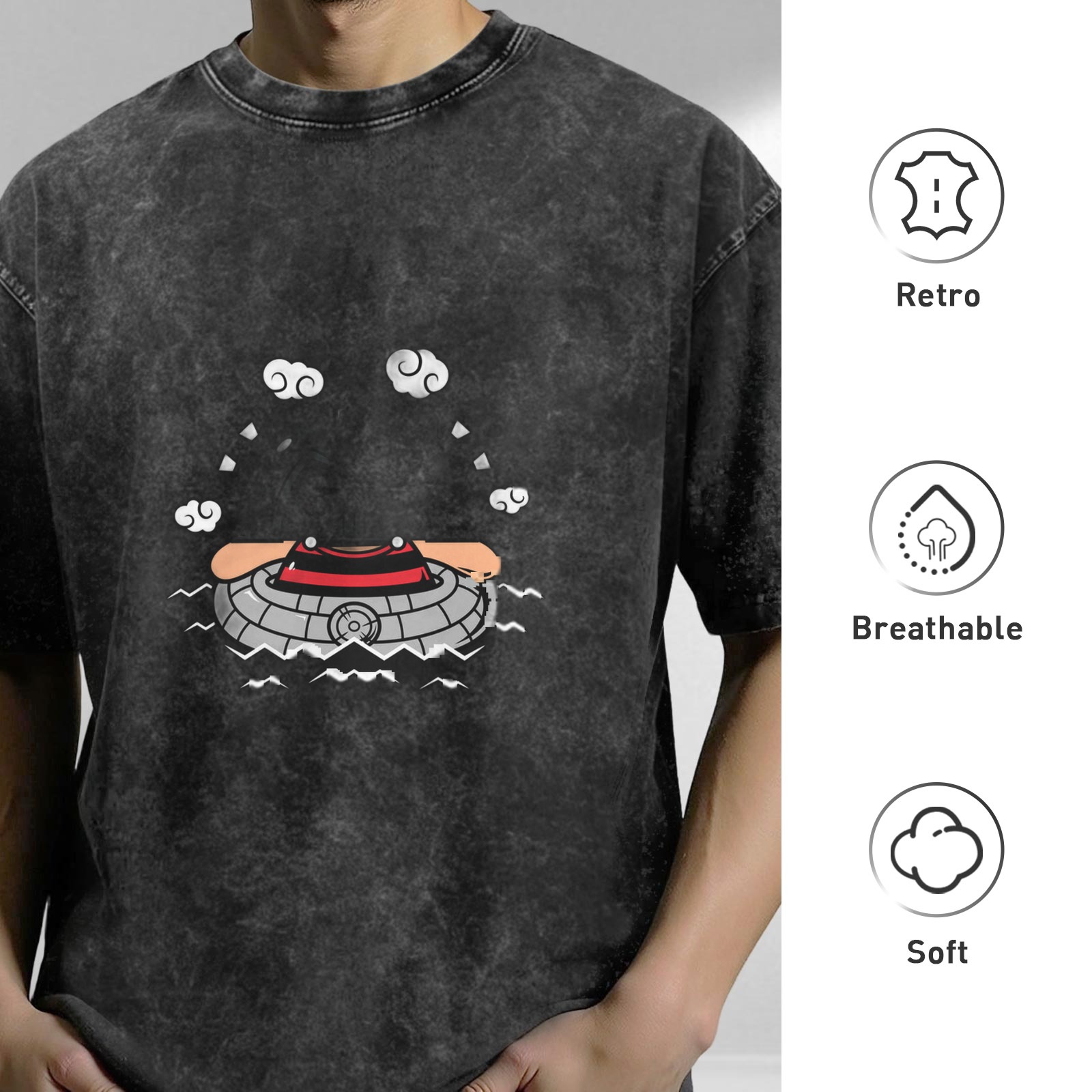 Washed Black T-Shirt With UFO Emerging From Water Graphic