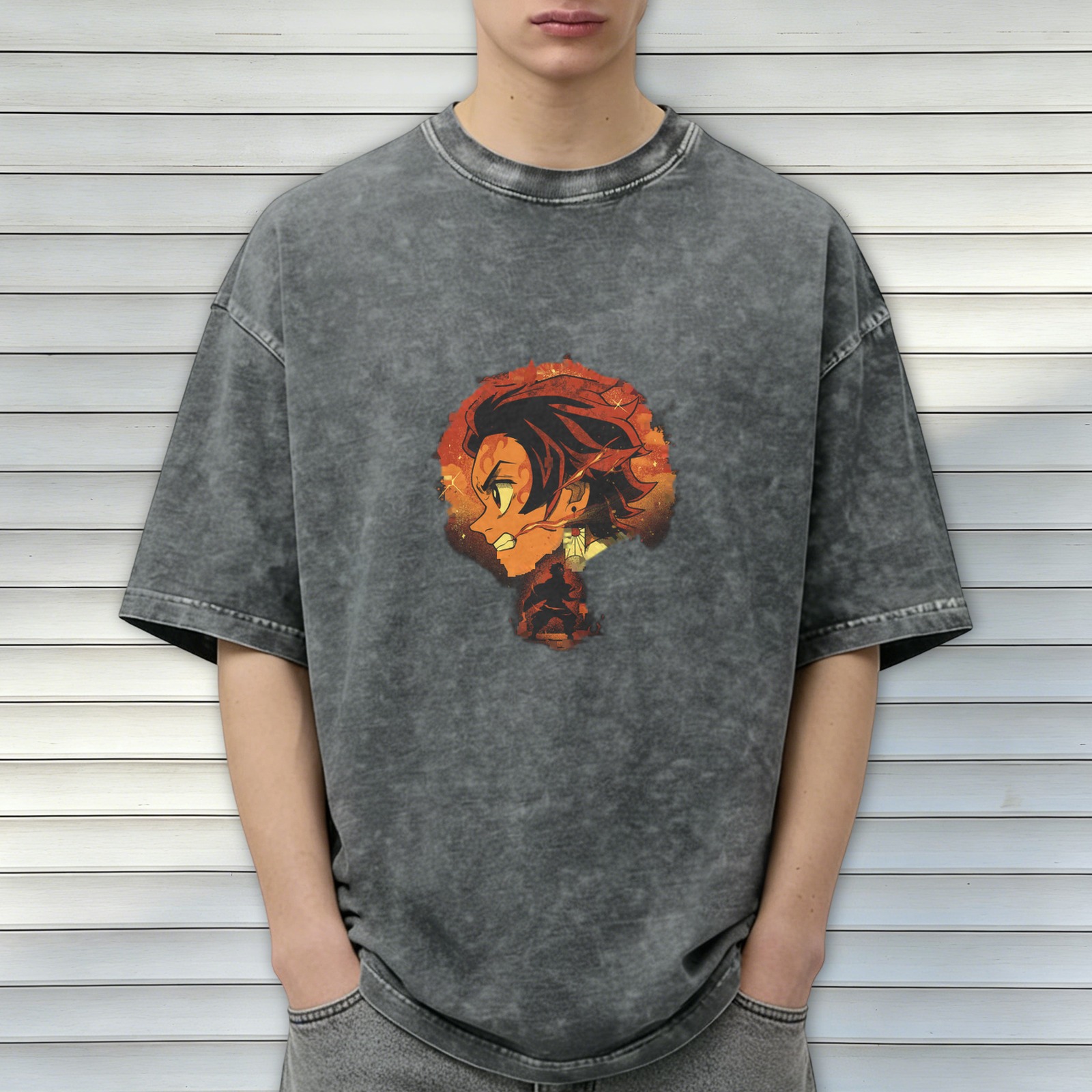 Oversized Washed Anime Demon Slayer T-Shirt with Fire Character Print