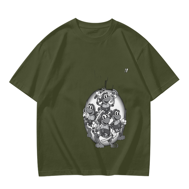 Olive green graphic t-shirt with cartoon monkey crew print