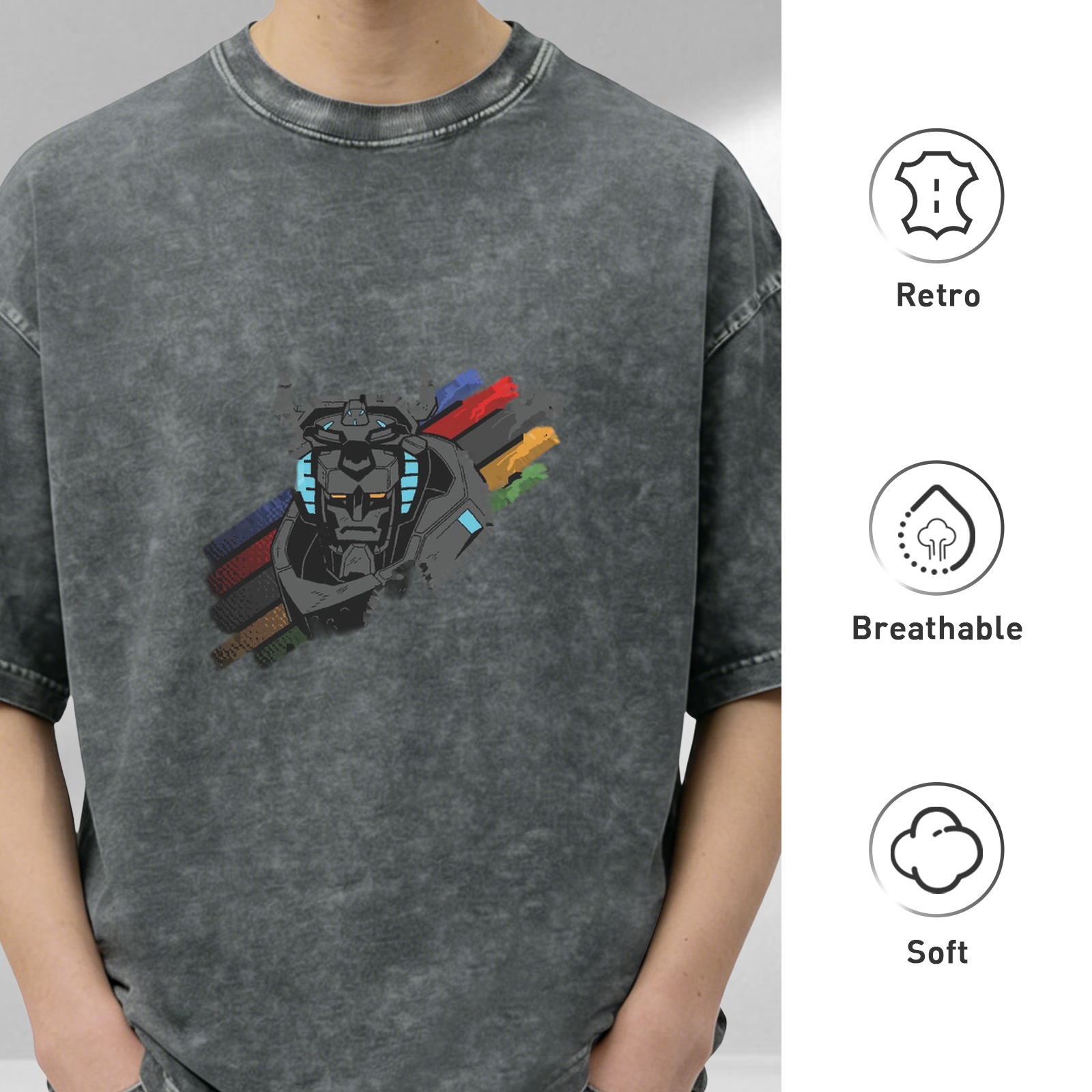 Distressed black loose short-sleeved T-shirt Voltron mecha print
