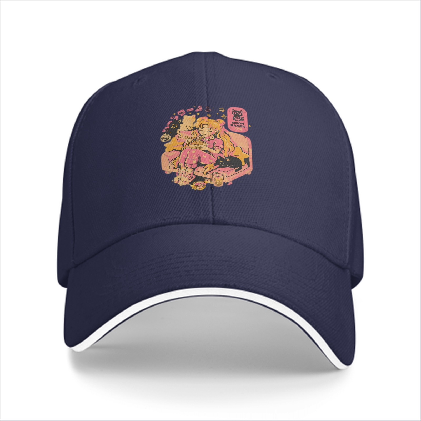 Black Baseball Cap with Anime Girl Eating Ramen Print