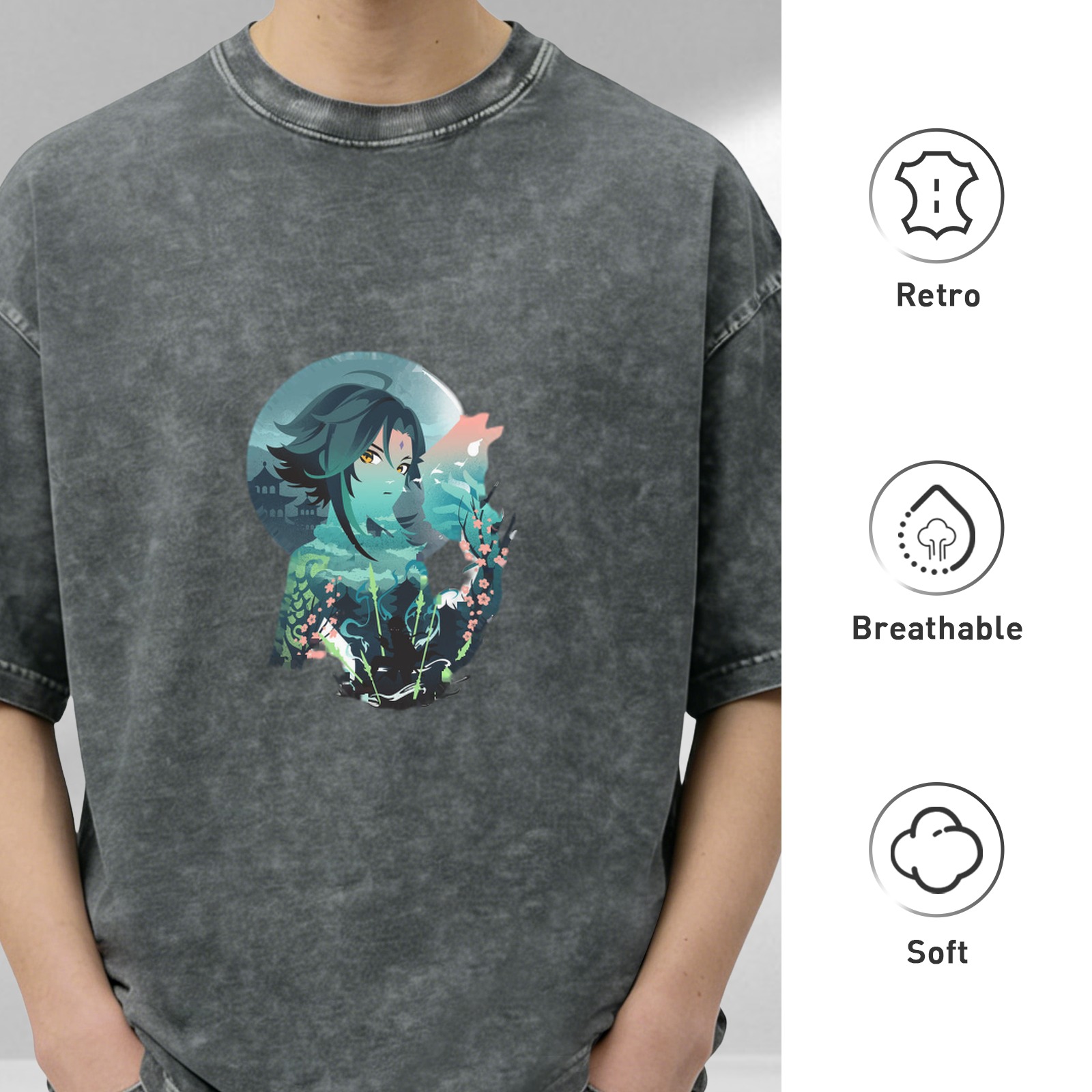 Oversized Washed Black T-Shirt with Anime Character Graphic Print