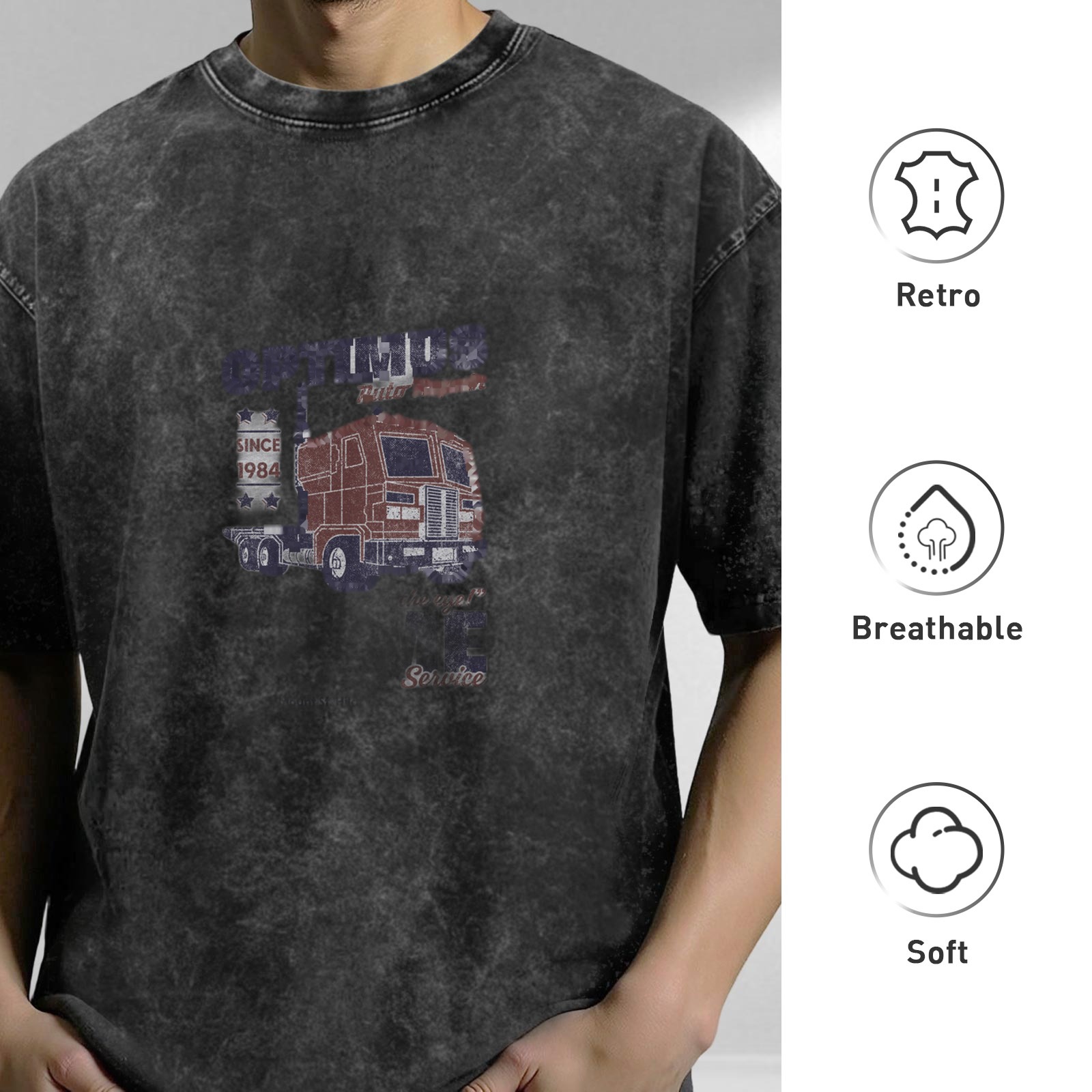 Oversized Acid Wash T-Shirt With Vintage Semi Truck Graphic Print