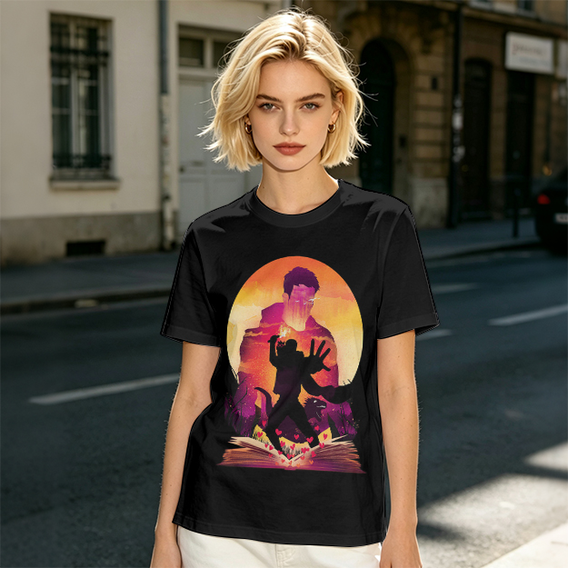 Olive T-Shirt With Fantasy Sunset Silhouette Graphic Print