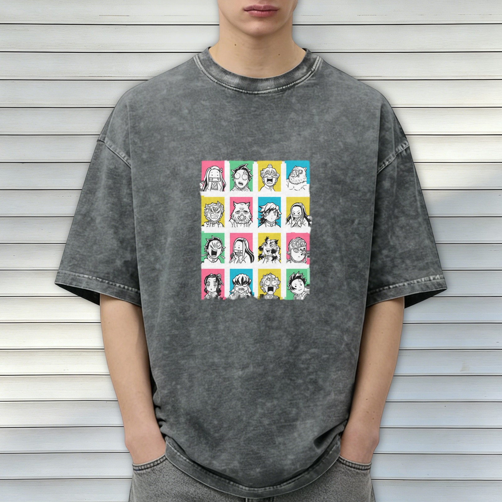 Demon Slayer anime character print distressed washed black loose short-sleeved T-shirt