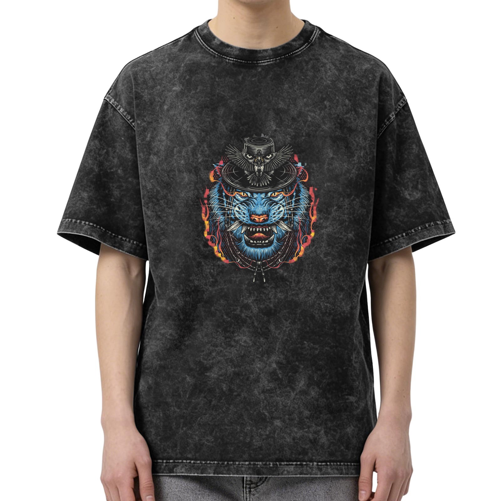 Washed Black Graphic T-Shirt With Blue Tiger Owl Hat Print