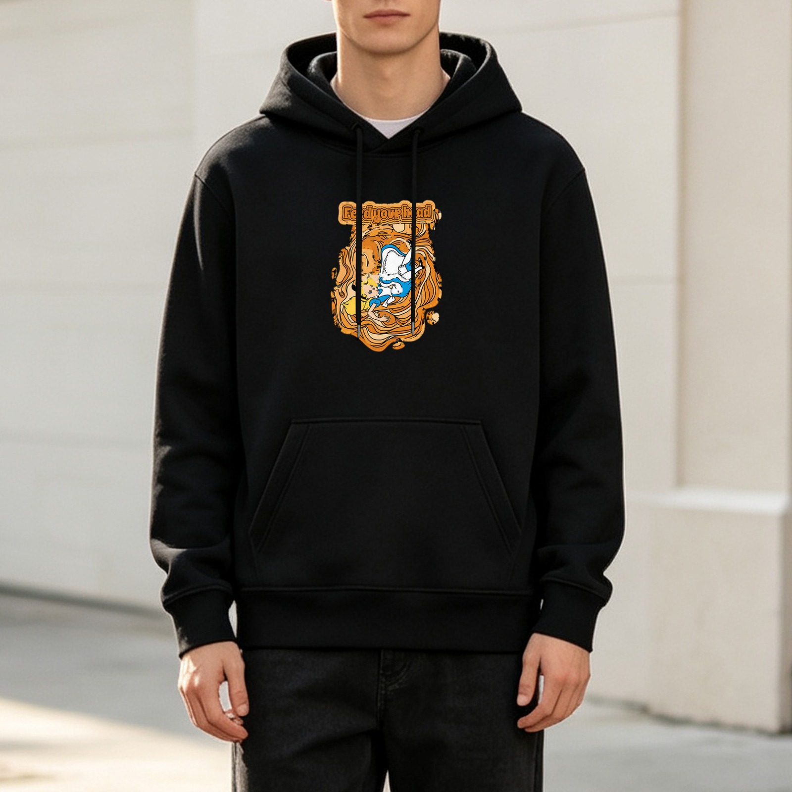 Black Hoodie With Cartoon Character Graphic Design