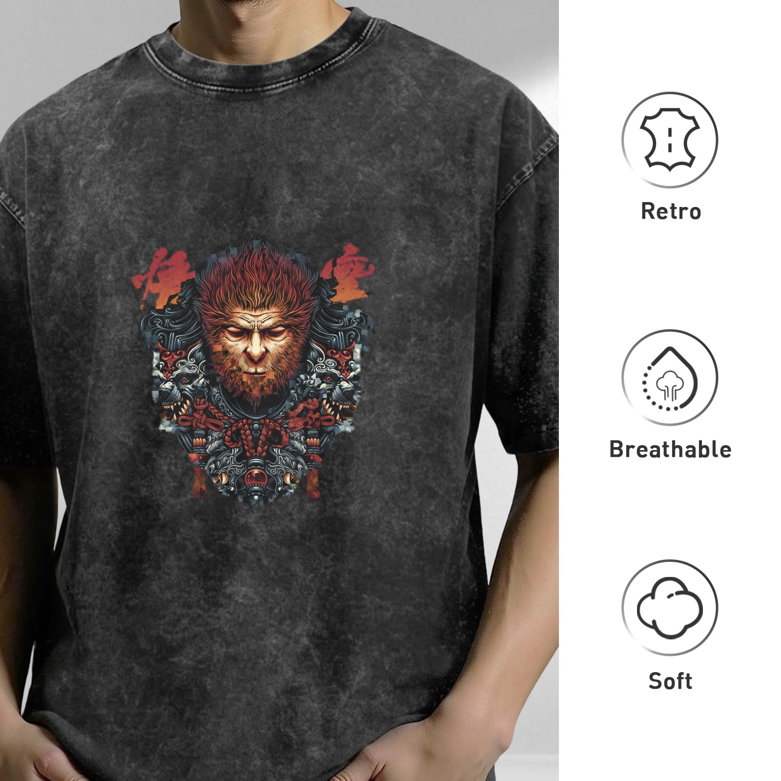 Washed Black T-Shirt with Mythical Monkey King Graphic