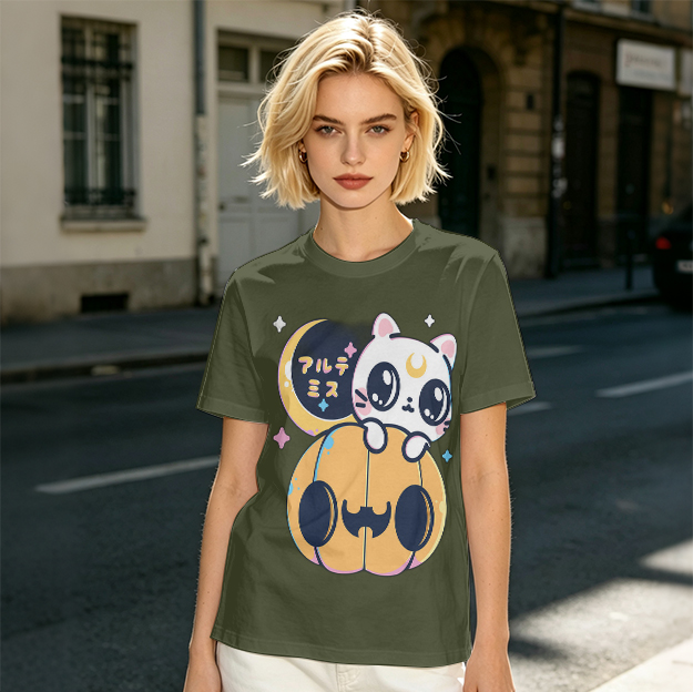 Cute white cat on jack-o'-lantern Halloween graphic tee