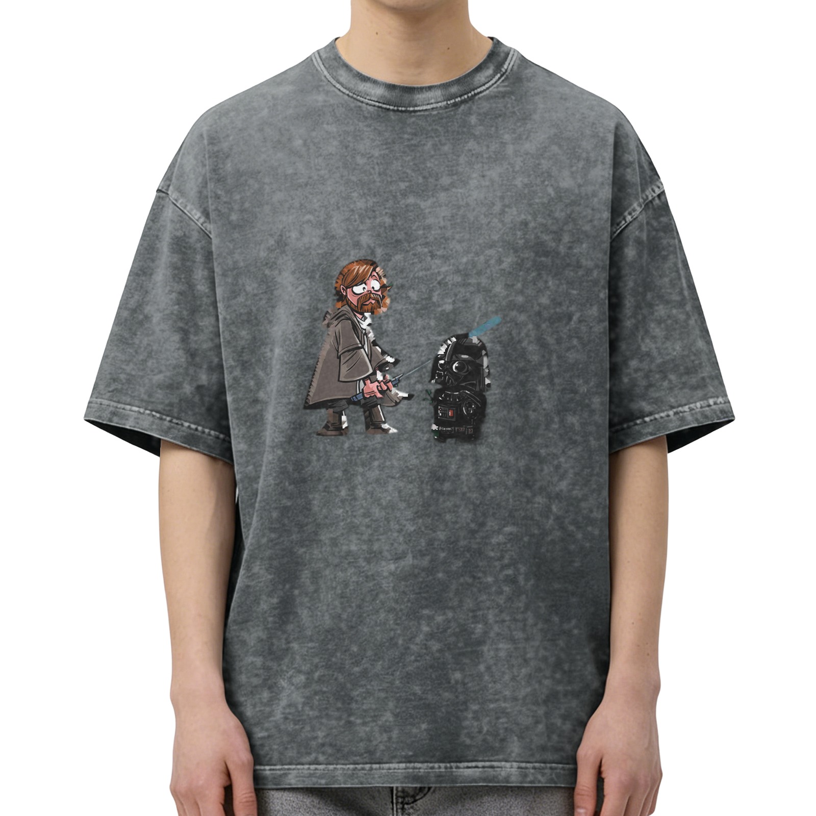 Distressed washed black cartoon Star Wars themed printed short-sleeved T-shirt