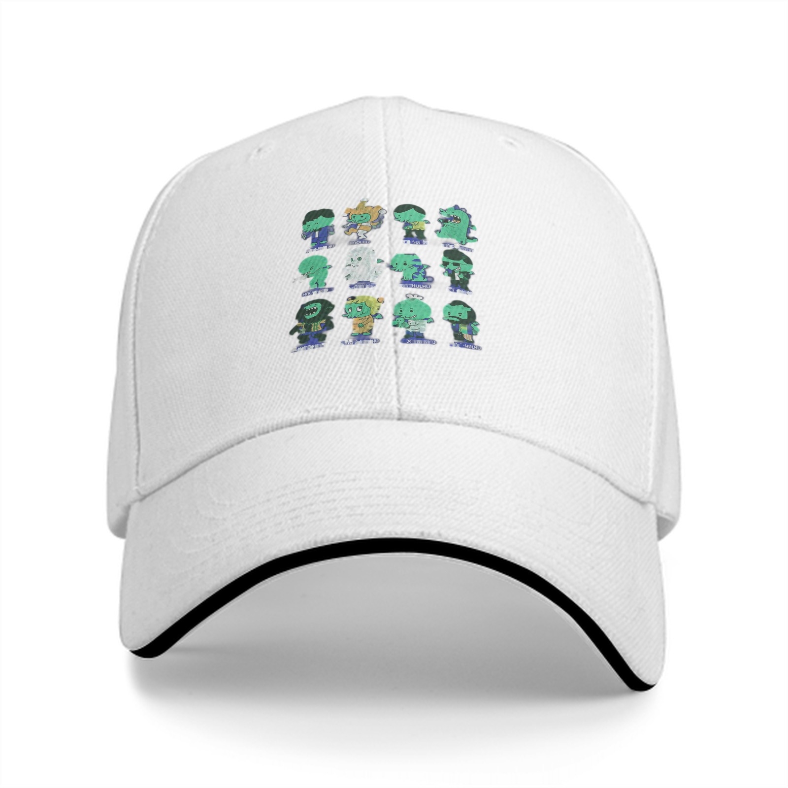 Black baseball cap with cute monster character grid print