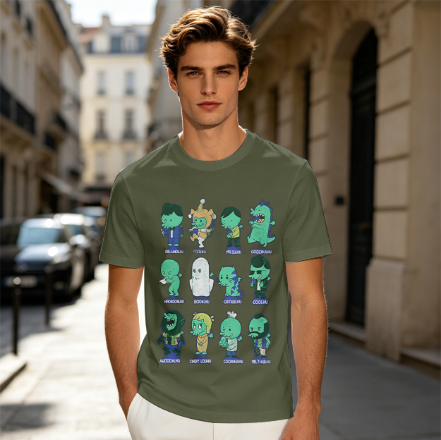Olive Green T-Shirt With Cute Green Alien Character Print