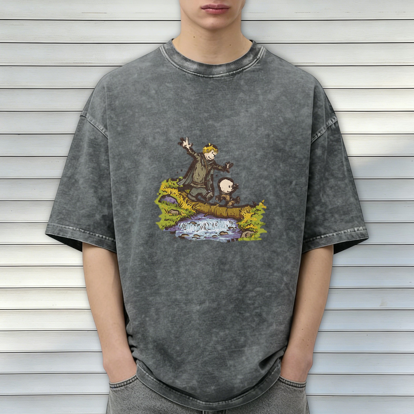 Vintage Washed T-Shirt With Fantasy Cartoon Characters Crossing Stream
