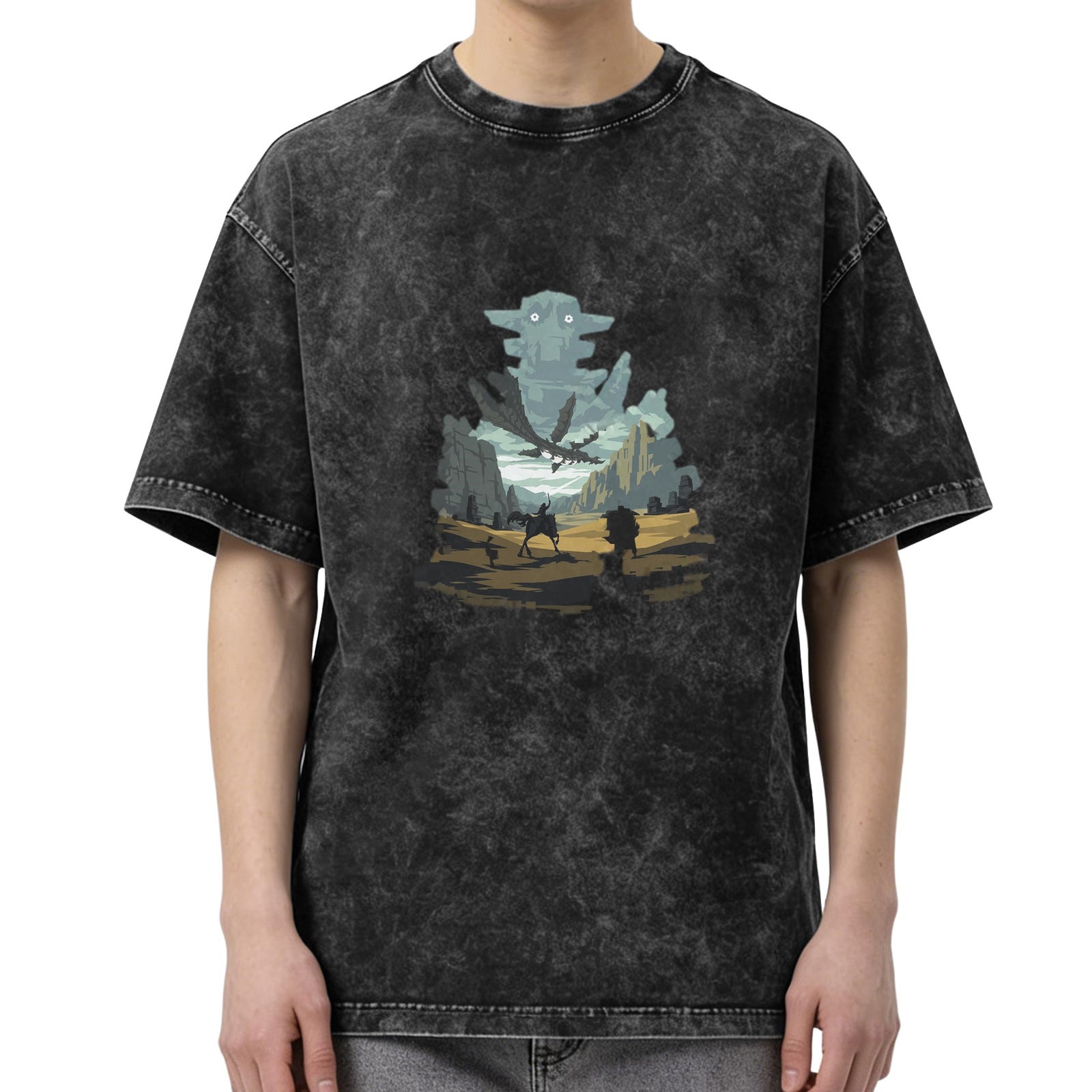 Washed black graphic t-shirt with fantasy giant and desert scene print