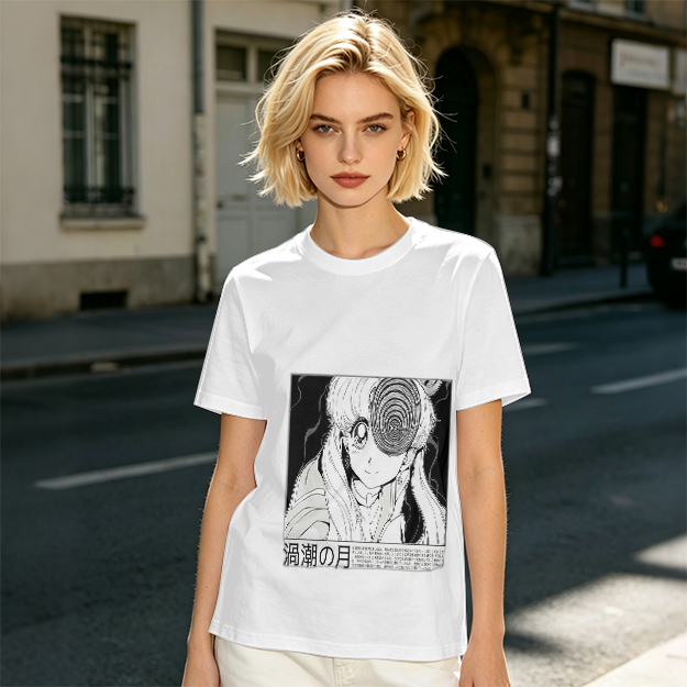 Olive anime graphic t-shirt with spiral eye design