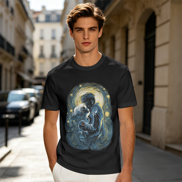 Olive T-Shirt With Starry Night Style Embracing Couple Art