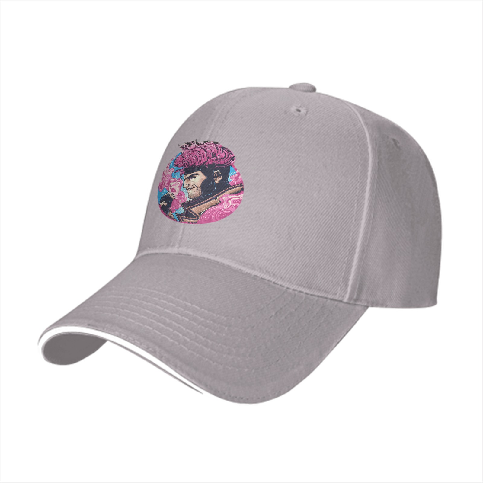 Black Baseball Cap With Pink Superhero Character Art Print