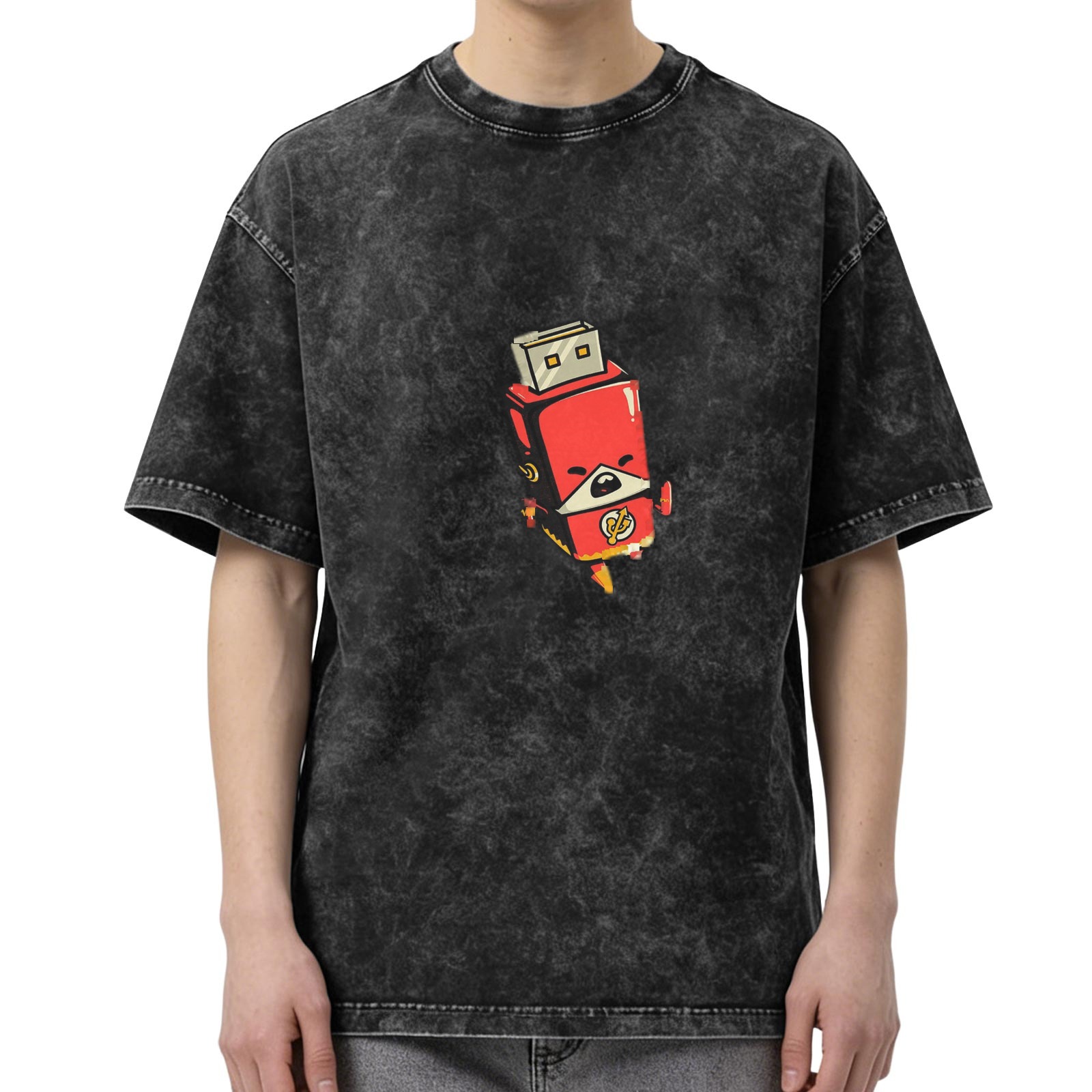Distressed washed black cartoon U disk Superman printed short-sleeved T-shirt