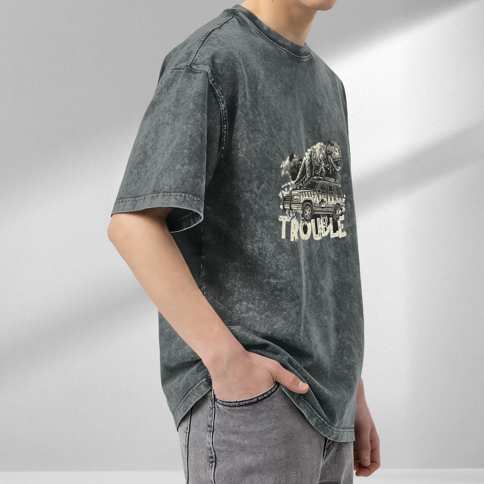 Washed Black T-Rex Dinosaur SUV Trouble Graphic T-Shirt