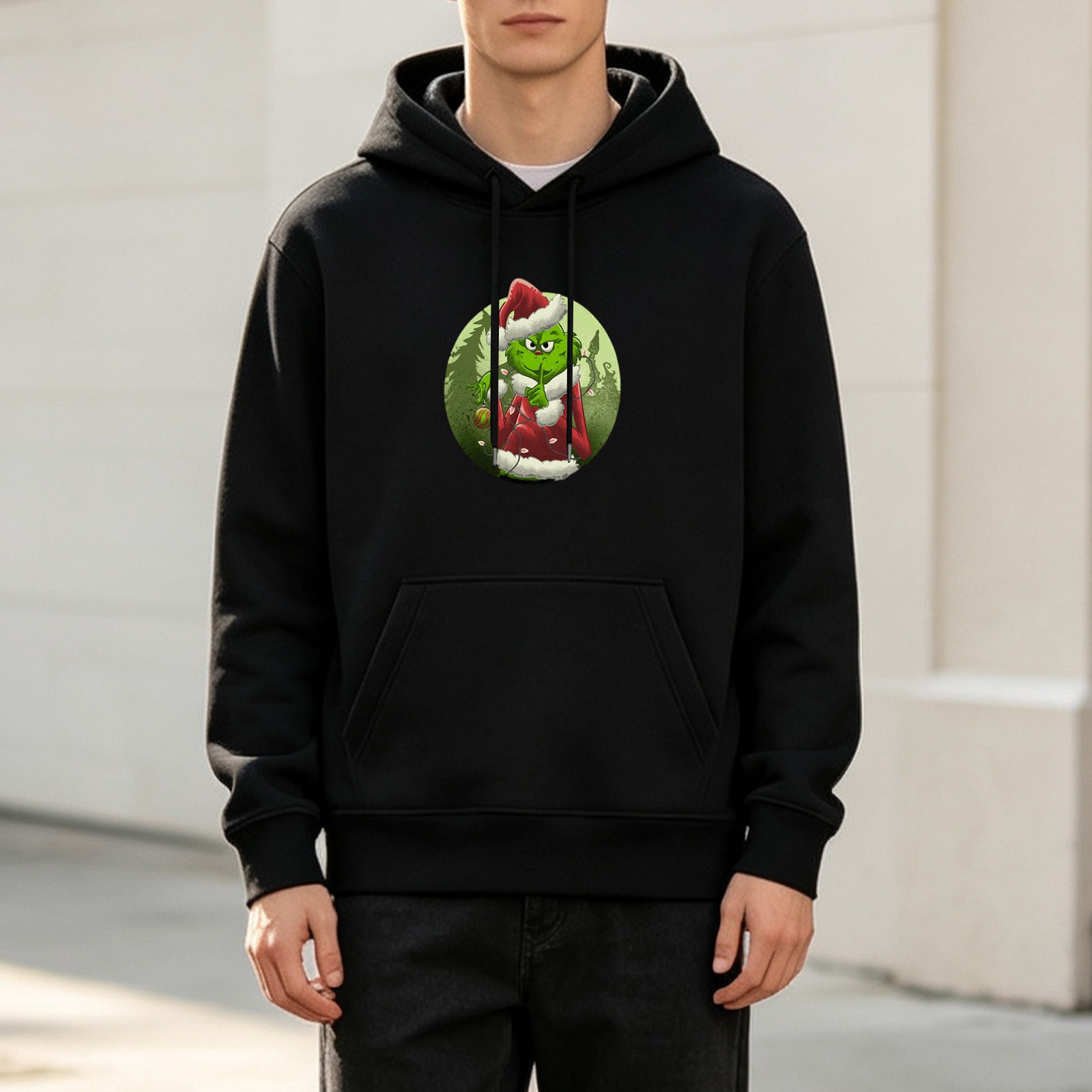 Black Grinch Christmas Hoodie With Festive Character Print