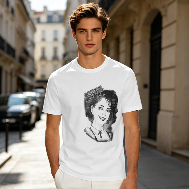 Olive T-Shirt with Black and White Portrait Print