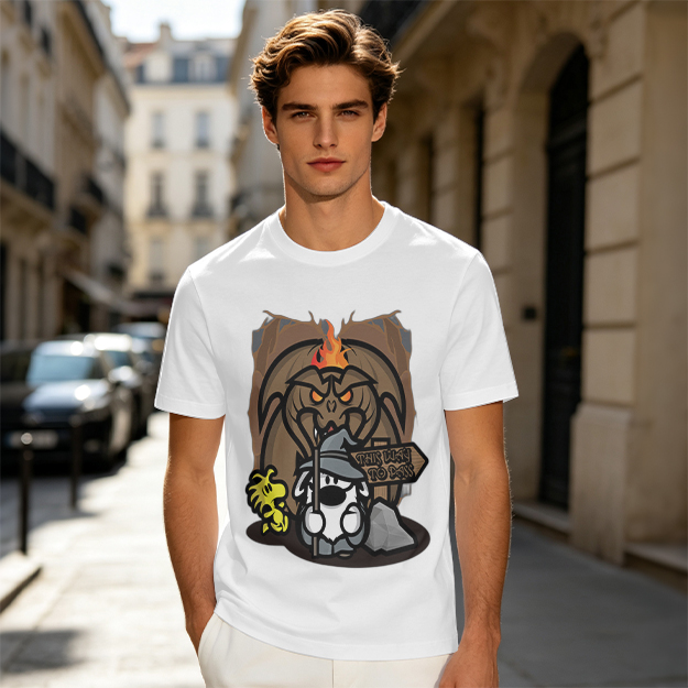 Olive t-shirt with wizard dog and dragon cave graphic