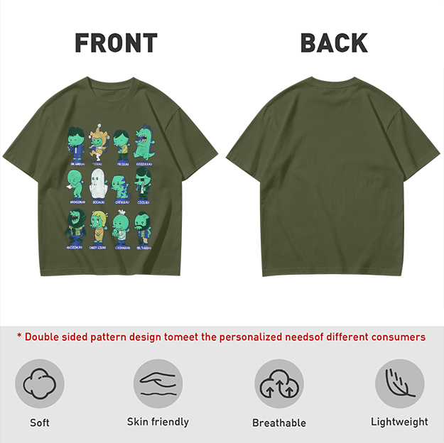 Olive Green T-Shirt With Cute Green Alien Character Print