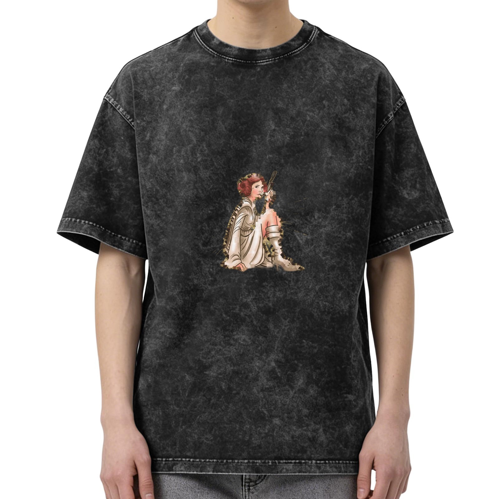 Washed Black Oversized T-Shirt With Princess Leia Graphic Print