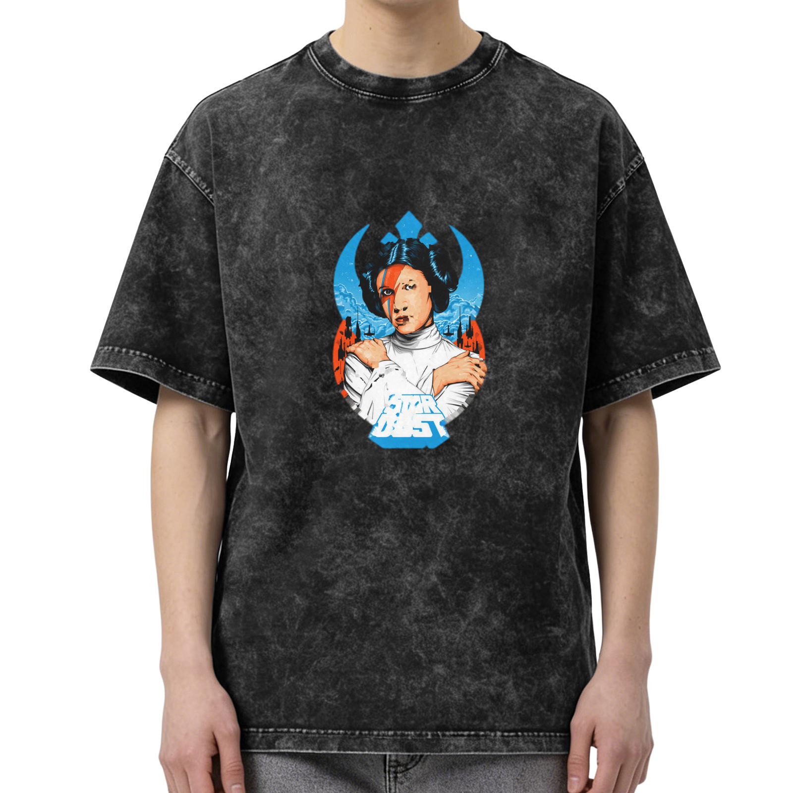 Washed Black T-Shirt with Princess Leia David Bowie Mashup Graphic