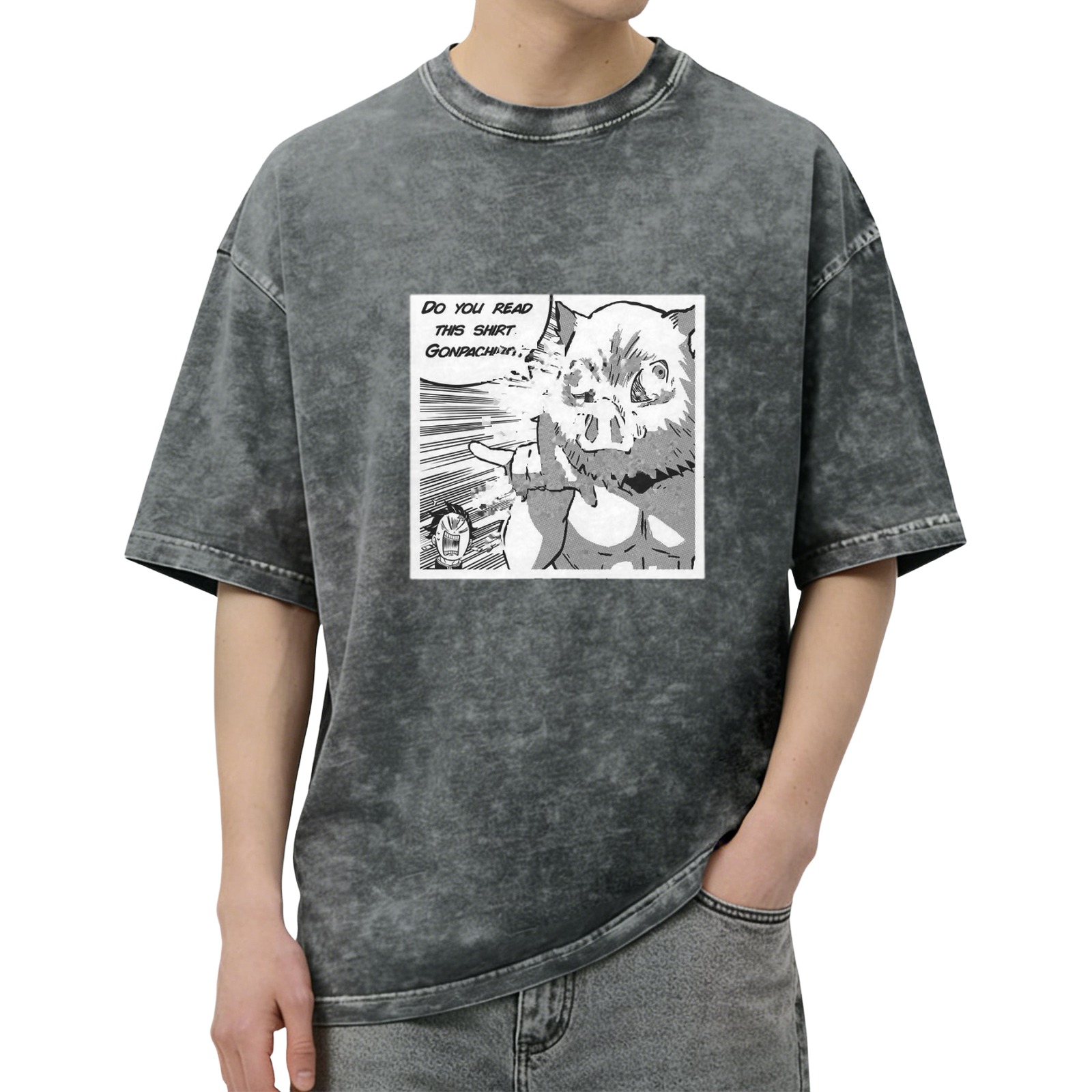 oversized acid wash manga panel t-shirt with do you read this shirt gonpachiro print