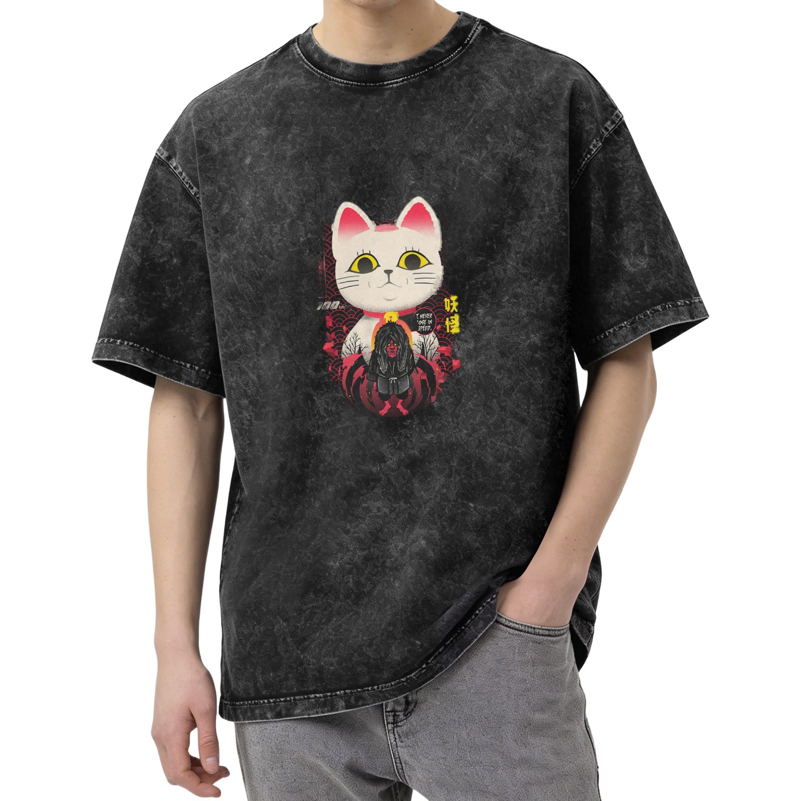 Washed black graphic t-shirt with maneki-neko and yokai design