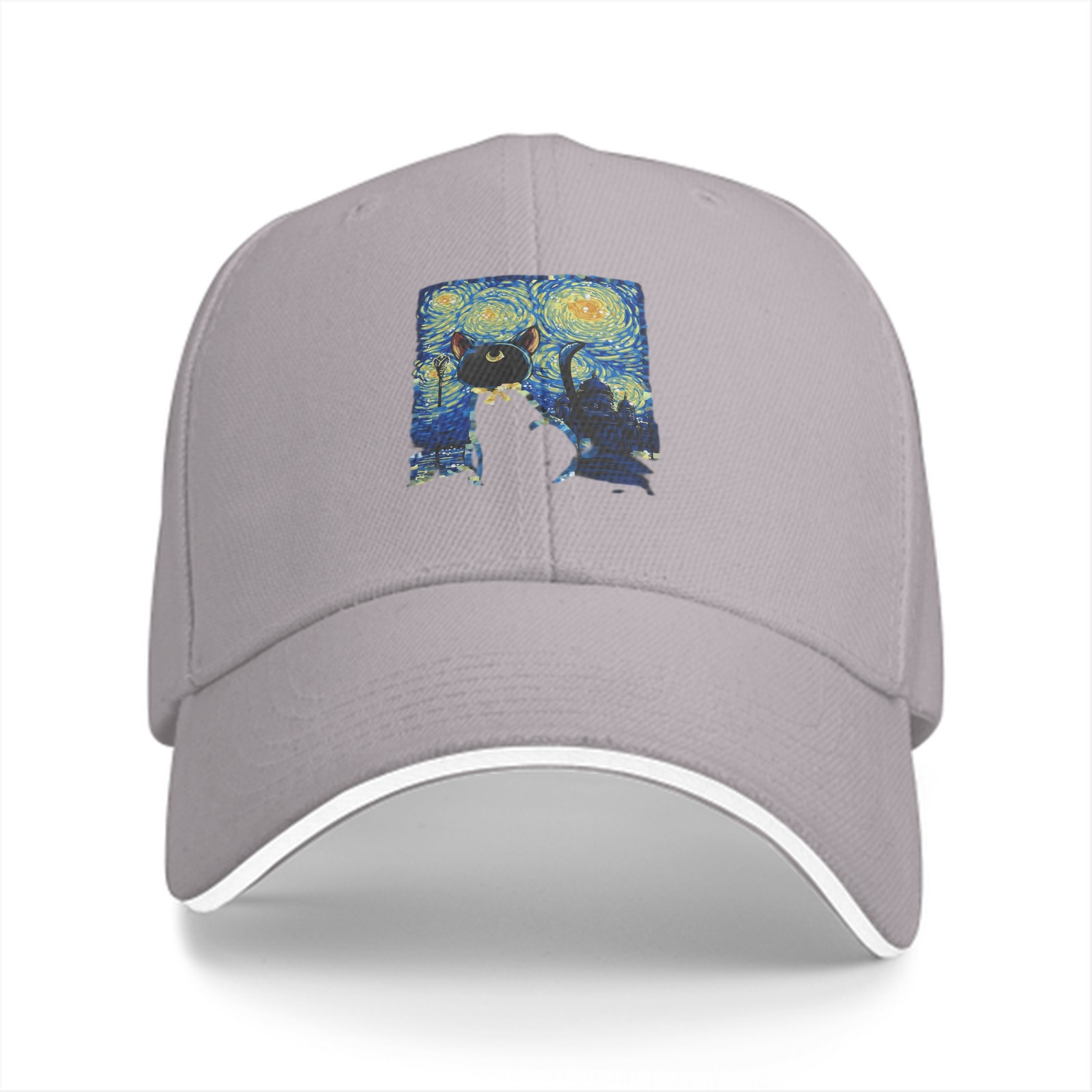 Black Baseball Cap With Starry Night Cat Art Print